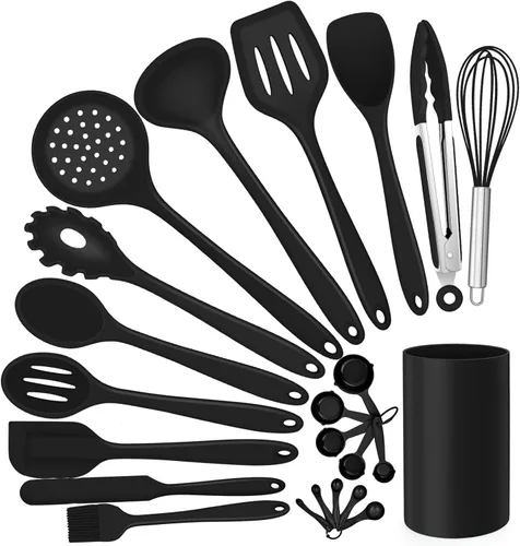 Miniatura 10 de E-far - Juego de utensilios de cocina de silicona, 7 piezas en color negro, utensilios de cocina resistentes al calor, utensilios de cocina
