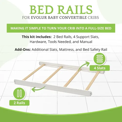 Miniatura 3 de Kit de conversión de tamaño completo para cunas Evolur, kit convertible de cuna de madera maciza para cama de niños, rieles de estilo de transición