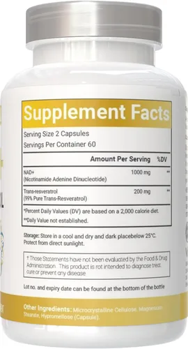 Miniatura 2 de Suplemento NAD+ 1,200 mg por porción, 120 cápsulas (dinucleótido de nicotinamida y adenina) - 60 porciones, sin gluten, vegano