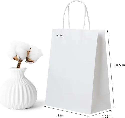 Miniatura 5 de FACEBAG 50 PCS bolsas de papel blanco con asas a granel, 8 x 4.25 x 10.5 pulgadas, bolsas de regalo blancas de tamaño mediano con asas