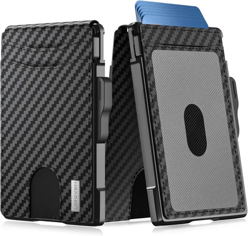 umoven Cartera para hombre con clip para dinero, ranuras de cuero delgadas con bloqueo RFID, billetera minimalista plegable, Fibra de carbono,