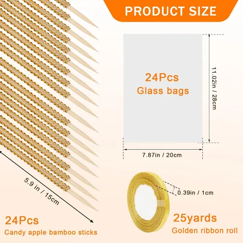 Miniatura 2 de Kit de 24 palos para manzanas de caramelo, 24 palos brillantes para manzanas con pedrería de rinestone de madera con 24 bolsas/ 25 yardas de cinta
