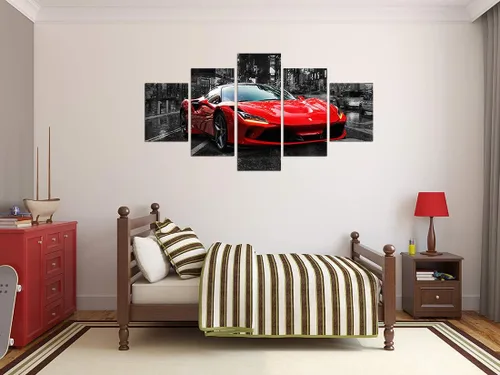 Miniatura 3 de Póster de pared en blanco y negro, 5 piezas, diseño de automóvil deportivo rojo grande, lienzo para habitación de niños, dormitorio, sala de estar