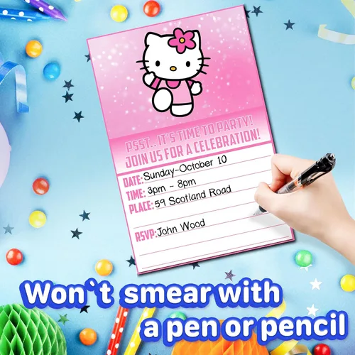 Miniatura 5 de Juego de 20 lindas tarjetas de invitación de cumpleaños con diseño de gatitos rosas y sobres – Ligeras (240g), invitaciones estilo postal