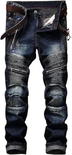 AITITIA - Jeans desgastados para hombre de corte recto con cremallera estilo motociclista
