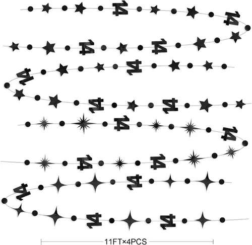 Miniatura 2 de Decoración de cumpleaños número 14, color negro, con número 14, guirnalda de estrellas con puntos circulares, metálica, para colgar banderines