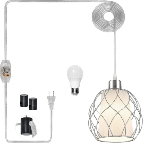 Ruzectt Lámpara colgante enchufable, luz colgante con cable enchufable, lámpara colgante plateada con interruptor regulable, cable transparente de