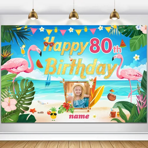 Miniatura 78 de Cartel de decoración de feliz cumpleaños número 100 personalizable con flamencos, playa, trópicos, Hawái y tema de verano, tamaños grandes