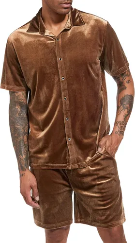 Miniatura 73 de LecGee Conjunto de pantalones cortos casuales de verano para hombre, camisa de terciopelo de manga corta con botones, pantalones cortos de cintura