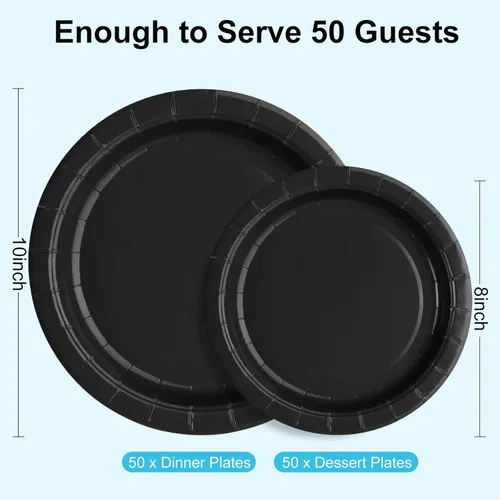 Miniatura 3 de Black Paper Party Plates Supplies 400GSM -100pcs - 50 x 10 Dinner Plates and 50 x 8 Dessert Plate,Suitable for Birthday,Family Negro