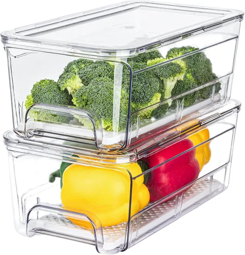 Cajón organizador extraíble para refrigerador, contenedores apilables para refrigerador con bandeja de drenaje y tapa, caja transparente de
