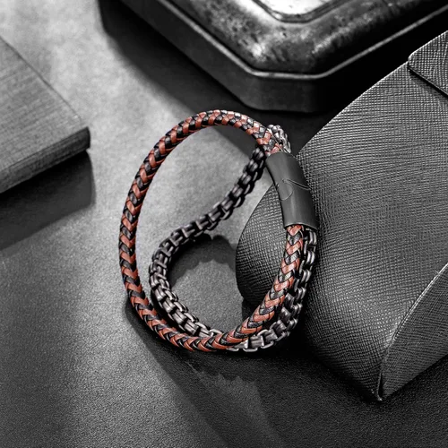 Miniatura 5 de murtoo Pulsera de cuero y acero, cadena de acero inoxidable y pulseras de cuero para hombre