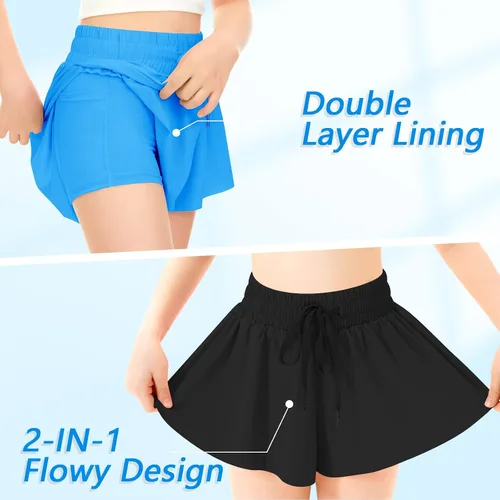 Miniatura 4 de Girls Butterfly Athletic Shorts, Kids Flowy Shorts with Pocket 2-in-1 Running Shorts Active Workout Cheerleading