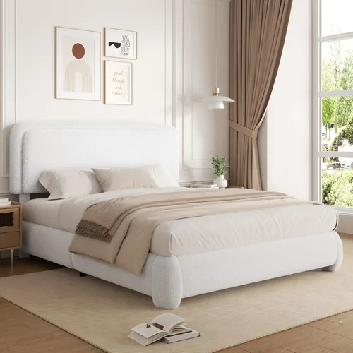 Miniatura 13 de Base de cama de tamaño Full con tapizado de bouclé, plataforma tapizada con cabecera, anticolisión con esquinas redondeadas suaves, no requiere