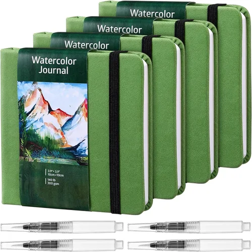 Dispowreath Juego de 4 cuadernos de bocetos de acuarela con bolígrafos de pincel de acuarela, papel de algodón de 300 GSM, cuaderno portátil