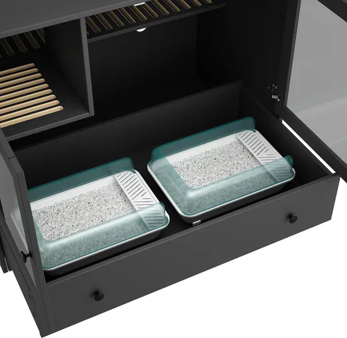 Miniatura 7 de Mueble extra grande con caja de arena oculta para gatos, gabinete para casa de gatos con escalera para 2, mesa auxiliar con cajón grande para sala