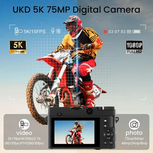 Miniatura 2 de LAMA Cámara digital 5K UHD 75MP para fotografía – Zoom 18X, enfoque automático, 32 GB, cámara de vlogging WiFi anti-vibración con luz de relleno
