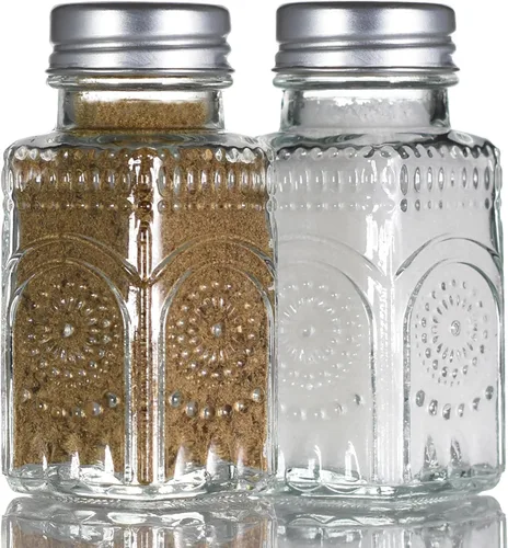 Juego de 2 saleros y pimenteros de cristal, mezcladores de especias vintage para mesa de comedor, cocina, restaurante (estilo girasol)