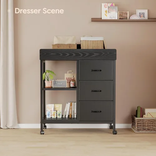 Miniatura 8 de YeTom Mesa Cambiador Cómoda, Cómoda para Bebé con 3 Cajones de Tela y 2 Estantes, Mesa Cambiador Multifuncional para Bebé con Almohadilla, Cómoda