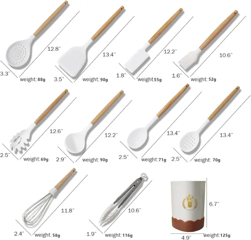 Miniatura 3 de Color Dots - Juego de utensilios de cocina de silicona, 11 piezas, mango de madera, resistente al calor, antiadherente, seguro para utensilios