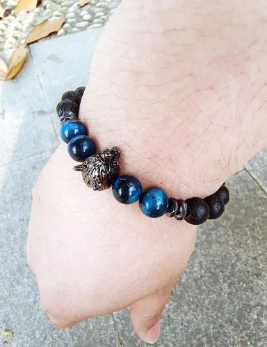 Miniatura 3 de CEYIYA Viking Wolf Head Bracelet - Anti Anxiety Energy Stone Beaded Bracelet for Men and Boys,Healing Crystal Stress Relief Charm Wolf Bracelet for