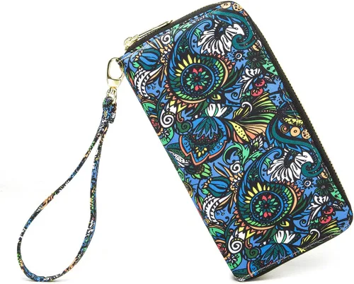 Miniatura 32 de Cartera de mano para mujer, estilo bohemio, con RFID, elegante, espaciosa con correa para viajes, capacidad para tarjetas, teléfono, dinero