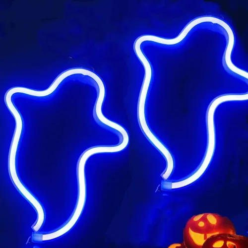 Miniatura 5 de Letreros LED de neón de fantasma, lámpara de noche decorativa de terror, funciona con pilas, luces góticas inalámbricas, decoraciones de Halloween