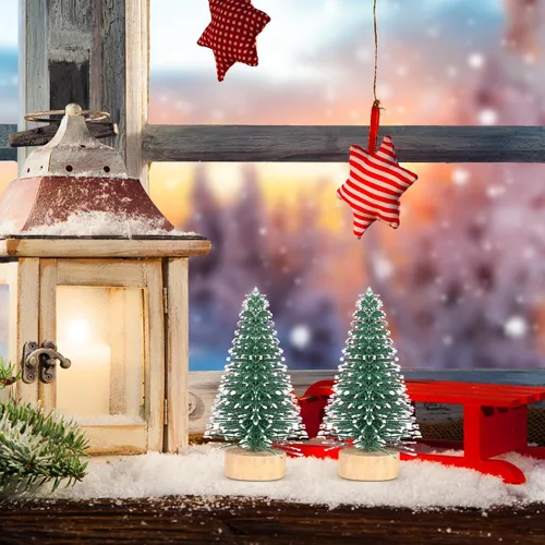 Miniatura 8 de SEWACC 10 mini árboles de Navidad de 2.0 in, botella de escarcha de nieve artificial con base de madera, adornos de nieve de invierno para Navidad