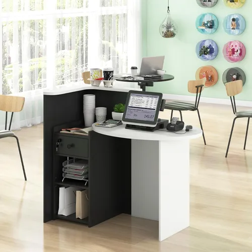 Miniatura 2 de Giantex Escritorio de recepción, mostrador delantero con cajón con cerradura, mesa de pago con mesa redonda, estante de esquina y estante ajustable