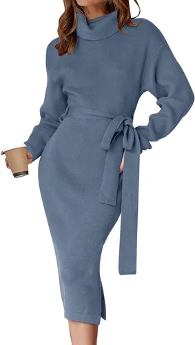 ZESICA - Vestido por debajo de la rodilla de suéter, de cuello alto, para mujer, de manga larga, de punto acanalado, con abertura y cinturón