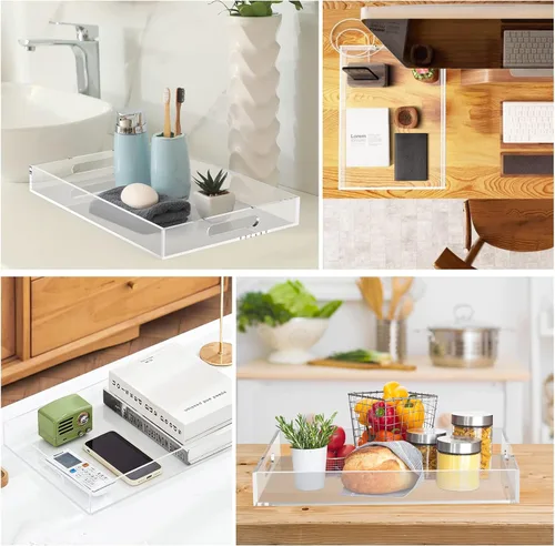 Miniatura 7 de Bandeja decorativa para mesa auxiliar para el hogar, 10 x 10 pulgadas, elegantes bandejas de acrílico con asas, funciona para comer, desayuno, Negro