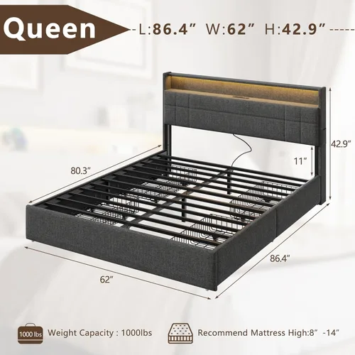 Miniatura 2 de Forestell Base de cama Queen con 4 cajones y cabecera de almacenamiento, base de cama tapizada gris tamaño Queen con estación de carga y luces LED