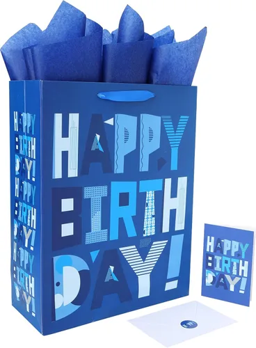 wishinside Juego de bolsas de regalo azules extragrandes de 16.5" con tarjeta de felicitación y papeles de seda (Feliz cumpleaños azul) para fiestas