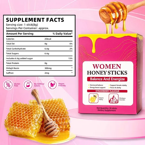Miniatura 2 de Bloomin - Palitos de miel Shilajit para mujeres, palitos de miel de fresa, energía natural y potenciador de vitalidad con shatavari y azafrán