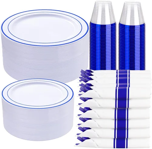 Miniatura 12 de WELLIFE 350 platos de plástico dorado transparente, 100 platos desechables, 150 cubiertos de plástico, 50 tazas, 50 servilletas para bodas y fiestas