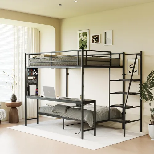 KEIKI Litera Full sobre Twin con Estación de Carga, Cama Alta de Metal con Escritorio & Protector de Seguridad & Escaleras, Marco de Cama de Metal