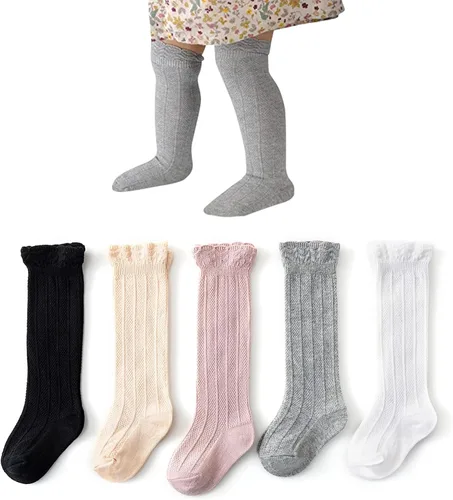 Zando Calcetines altos hasta la rodilla para bebés recién nacidos, calcetines de algodón con volantes, calcetines largos cálidos para niñas y niños,