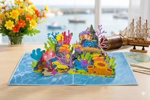 Miniatura 5 de ETA Tarjeta desplegable 3D Ocean World, tarjeta de cumpleaños de arrecifes de coral para entusiastas del buceo, regalo del día del padre, H08