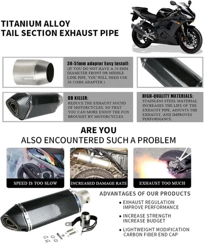 Miniatura 6 de Silenciador de escape de fibra de carbono de 1.5 – 2 pulgadas con DB Killer extraíble para motocicletas de calle/deporte y scooters con tubos