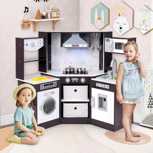 Miniatura 7 de Costzon Cocina de juego de esquina, juego de cocina de madera para niños pequeños con luces y sonidos, sistema de circulación de agua, lavadora