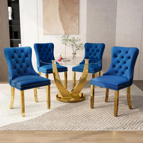 Miniatura 16 de Juego de mesa de comedor redonda de vidrio de 38.9 pulgadas para 4, mesa de cocina redonda dorada con 4 sillas decorativas de terciopelo tapizadas