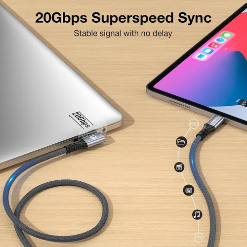 Miniatura 3 de UseBean Cable USB C a USB C de 240 W de 0.6 pies [2 unidades], cable de datos USB C 3.2 Gen 2X2 20Gbps de ángulo recto, salida de video 4K, cable