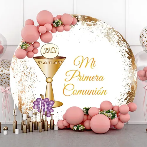 Miniatura 3 de Fondo redondo de bautismo de 7.2 pies de diámetro, Mi Primera, Comunión, bautizo, Dios bendiga oro con purpurina, cáliz morado, uvas moradas