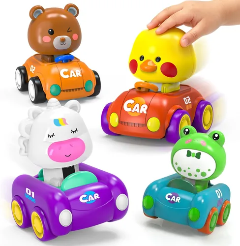Press and Go - Juguetes de coche para niños pequeños de 1 a 3 años, paquete de 4 autos de empuje para bebés, juego de vehículos de juego para bebés