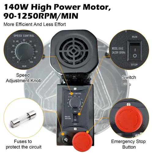 Miniatura 5 de Honey Lake Extractor eléctrico de miel de 3 marcos, tambor de acero inoxidable, velocidad y altura ajustables, motor silencioso de 140 W, tapa
