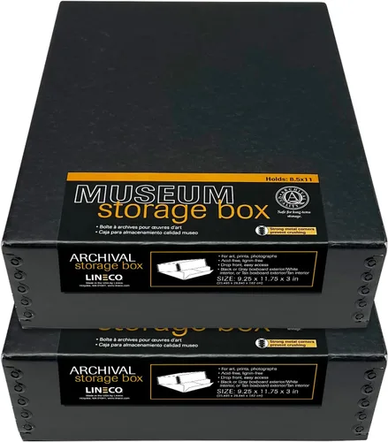 Lineco Caja de almacenamiento de archivo de museo, 9.25 x 11.75 x 3 pulgadas. Diseño frontal caído. Sin ácidos con borde metálico. Organiza fotos,
