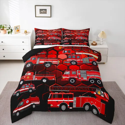 Erosebridal Juego de edredón de camión de bomberos para niños, juego de ropa de cama de panal rojo brillante con diseño de panal de abeja, juegos de