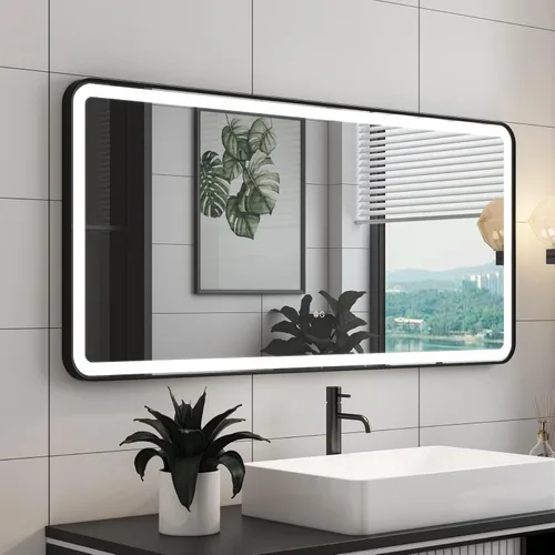 Miniatura 13 de WELLFOR Espejo LED enmarcado de 48 pulgadas de ancho x 36 pulgadas de largo, espejo rectangular de esquina redondeada de metal con luces para baño