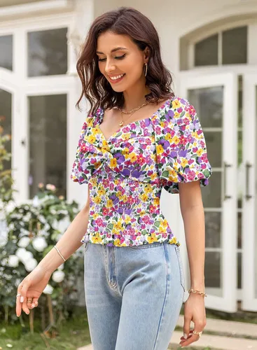 Miniatura 4 de DOROSE Blusa de manga abombada para mujer, con cuello de corazón, parte delantera fruncida
