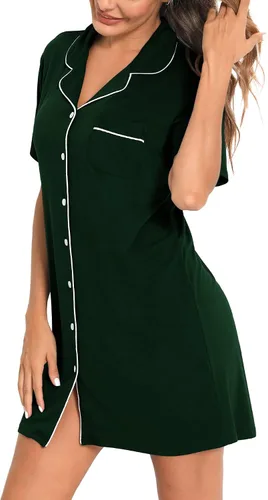 Miniatura 3 de SWOMOG Camisón de manga corta con botones para mujer, con cuello de muesca, pijama, vestido de pijama